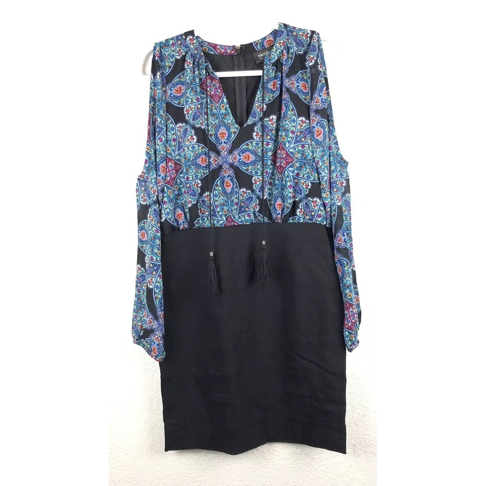 Nicole by Nicole Miller Paisley Cold Shoulder Mini Dress Black Blue Tassels SZ 4